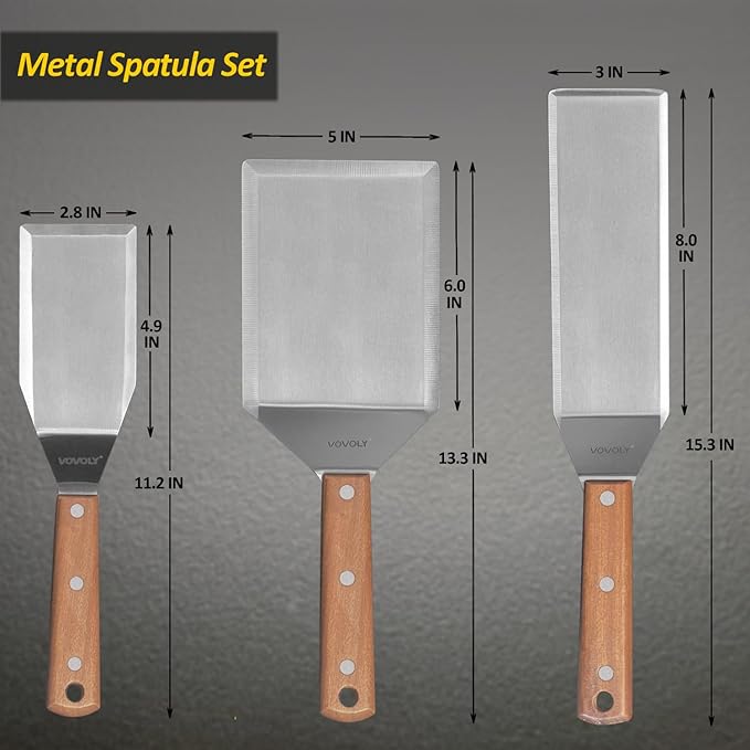 Stainless Steel Spatula Set, Grill Spatula Set with Full Tang Handle & Beveled Edges, Long Wide Spatula for Cast Iron Griddle BBQ Flat Top Grill, Pancake Turner, Smash Burgers Metal Flipper
