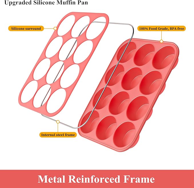 Bangp 12-Cup Silicone Muffin Pan with Metal Reinforced Frame,2 Pack Regular Size Cupcake Pan,Premium Non-Stick Bend Resistance Silicone Molds for Making Muffin,Cakes,Tart,Egg Bites (Red)