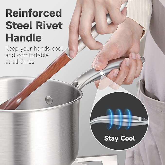 1.5 Quart Stainless Steel Saucepan with Glass Strainer Lid, Thicken Tri-ply Full Body, Multipurpose Sauce Pot with Two-Size Drainage Holes Lid, Perfect For Boiling Gravies, Pasta, Noodles