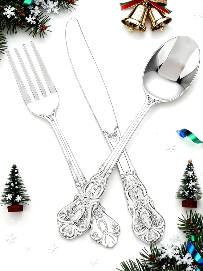 200PCS Silver Plastic Cutlery - Vintage Silver Disposable Silverware - Heavyweight Plastic Utensils with 100 Forks, 50 Knives, 50 Spoons For Catering, Parties, Dinners and Weddings