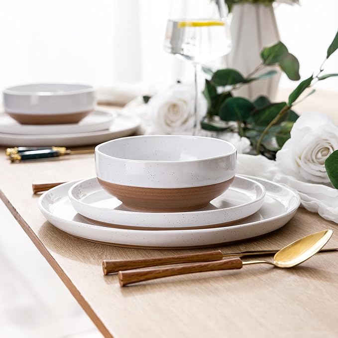 AmorArc Ceramic Dinnerware Sets with Pasta Bowls for 4, Handpainted Plates and Bowls Set with Rustic Terracotta Underside, Scratch Resistant Dishes Set, Dishwasher & Microwave Safe, 16 Pcs