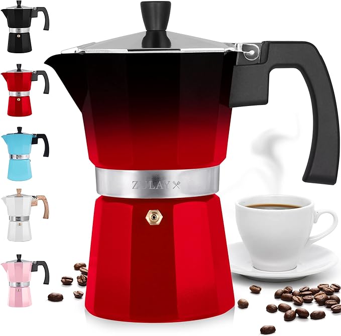 Zulay Kitchen Stovetop Espresso Maker - Moka Pot 5.5 Espresso Cups - Percolator Coffee Maker for Classic Cuban & Italian Style Espresso - Portable Coffee Maker for Camping & Travel - (Black/Red)