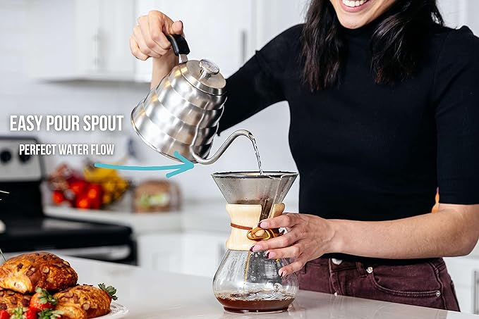 Barista Warrior Gooseneck Kettle for Pour Over Coffee and Tea with Thermometer for Exact Temperature, Precision Pour Drip Spout, Compatible with all Stove Tops (Copper Coated, 1.2 Liter, 40 fl oz)