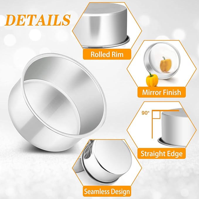 P&P CHEF Cake Pan Set of 4, Stainless Steel Baking Round Cake Pans Tins Bakeware for Birthday Wedding, Leak-proof & Easy Clean, Mirror Finish & Easy Releasing, 4 Inch