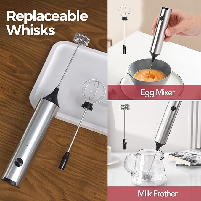 YARRAMATE Rechargeable Milk Frother Wand Handheld, 3 Speed Adjustable Electric Drink Mixer with 2 Whisks, Stainless Steel Stirrer for Coffee, Lattes, Protein Shakes, Matcha, Egg