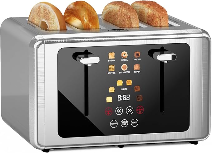 Touch screen Toaster 4 slice,Stainless Steel Digital Timer Toasters with Sound/Screen-Off Function,6 Bread Types & Shade Settings,Smart Extra Wide Slots Toaster with Bagel,Defrost,Silver