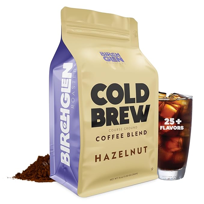 Birch Glen Roasters Cold Brew Coffee | Flavored Coarse Ground Coffee | Medium Roast | Artisanal Roasting | 100% Arabica |1 LB Bag | Hazelnut
