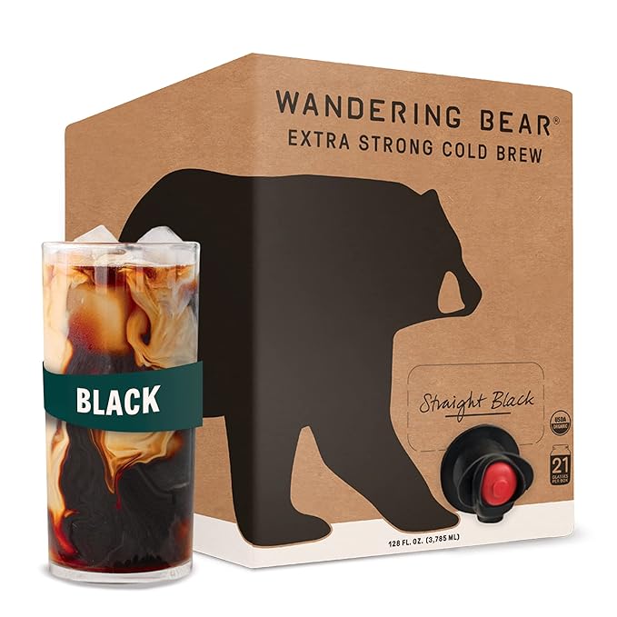Wandering Bear Straight Black Organic Cold Brew Coffee On Tap, Iced Coffee Drink - Extra Strong, Bold, Smooth, No Sugar Added, Shelf-Stable, Ready to Drink, 100% Organic - 128 fl oz (1 gallon)