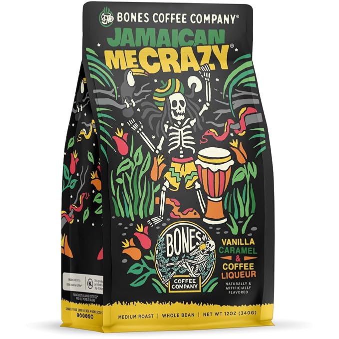 Bones Coffee Company Jamaican Me Crazy, Vanilla Caramel Flavored Coffee, Medium Roast Low Acid Arabica Beans Compatible with Auto drip and French Press Coffee Maker, 12 Oz Whole Bean