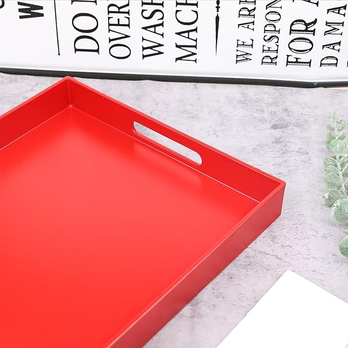 Red Serving Tray for Coffee Table, Rectangular Plastic Decorative Tray with Handles for Entertaining, Outdoor Patio, Living Room, Ottoman, Bathroom Counter, 11.8”*15.7”*1.6”