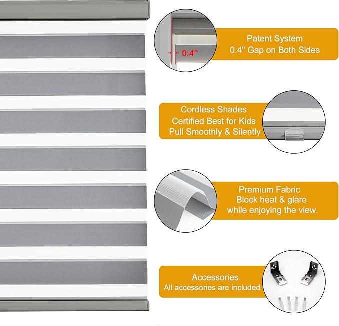 Persilux Cordless Zebra Blinds for Windows (70" W X 47" H, Grey) Free-Stop Windows Shades Dual Layer Light Control for Day and Night, Light Filtering Sheer Shades for Home, Easy to Install