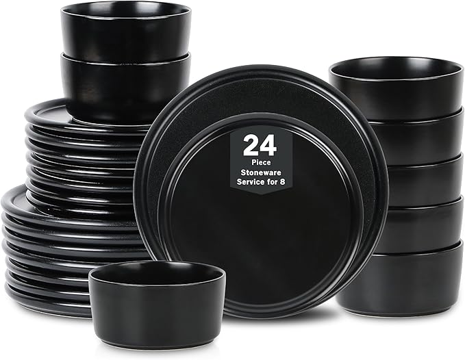 Stone Lain Eden 24-Piece Dinnerware Set Stoneware, Plates and Bowls Set, Dishwasher and Microwave Safe Dish, Dish Set for 8, Black