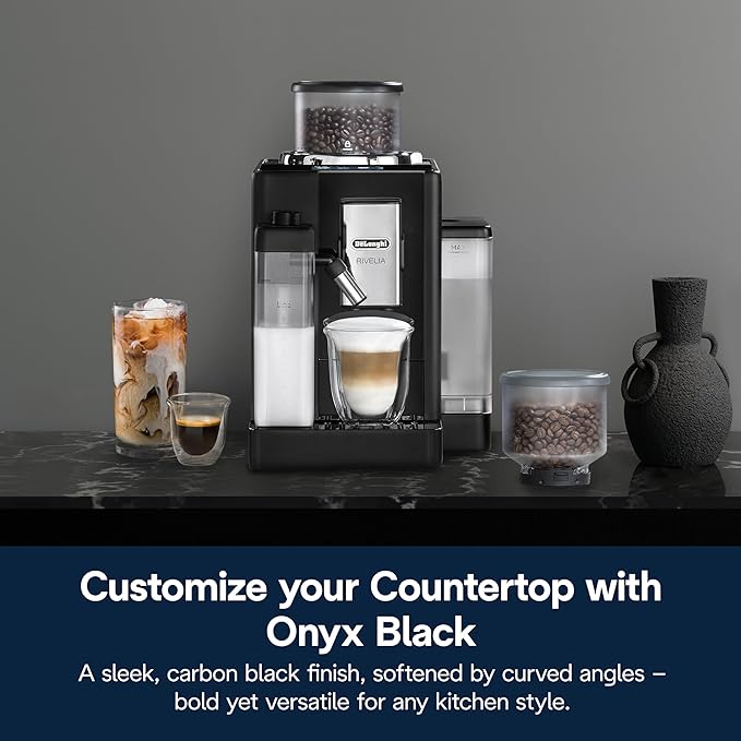 De'Longhi Rivelia Automatic Espresso Machine with Grinder & Milk Frother – All-in-One Coffee Maker, Hot & Iced Latte, Cappuccino, Bean Switch System, Burr Grinder, Compact Italian Design, Black