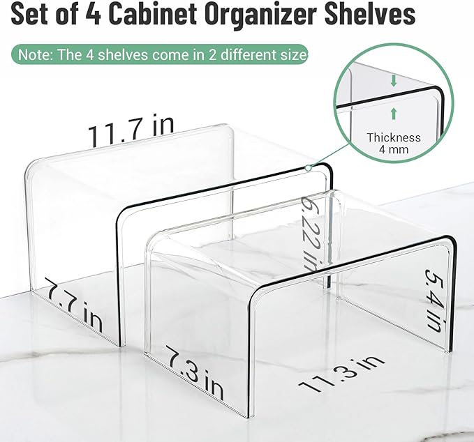Clear Spice Rack Shelves, Pantry Organizers and Storage Set of 4, Display Shelf Organizer, Room Bathroom Desk Shelf Countertop Organization and Storage, Ideal for Kitchen Cabinet Organizer Shelf