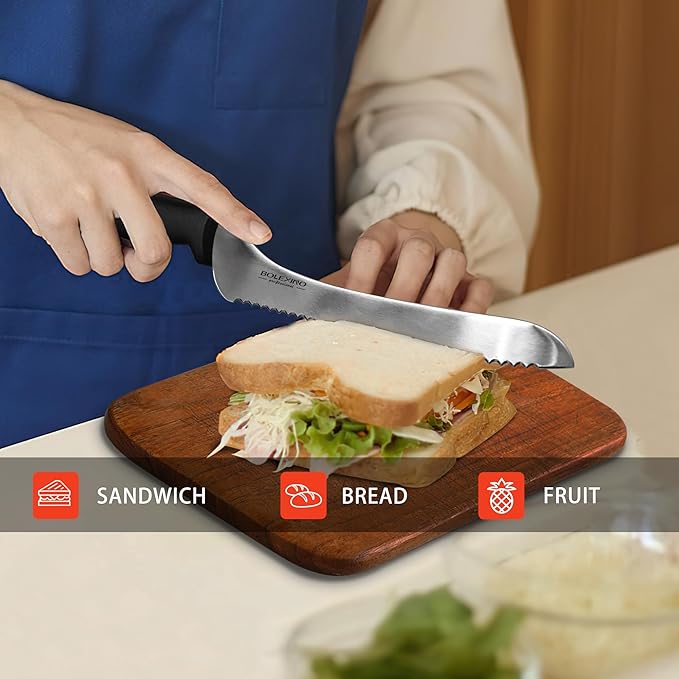 9 Inch Offset Serrated Bread Knife, Wavy Edge knife, High Carbon Stainless Steel Multi-Purpose Kitchen Knife for Homemade Bread, Crusty Breads, Cake, Bagel