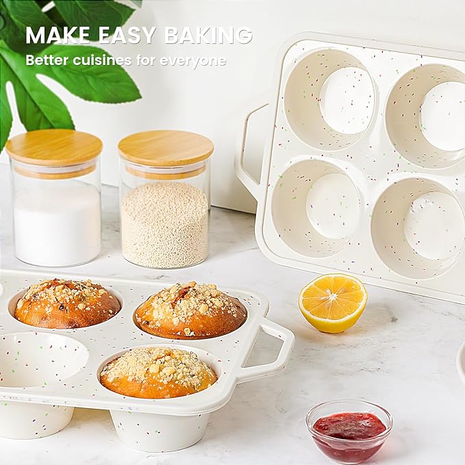 Vinino Jumbo Muffin Pan with Metal Reinforced Frame-2Pack, Silicone Cupcake Pan for Baking 6 Cup Jumbo Size, BPA Free Silicone Muffin Tray, Cupcake Baking Pan Molds for Oven Dishwasher Safe-Cream