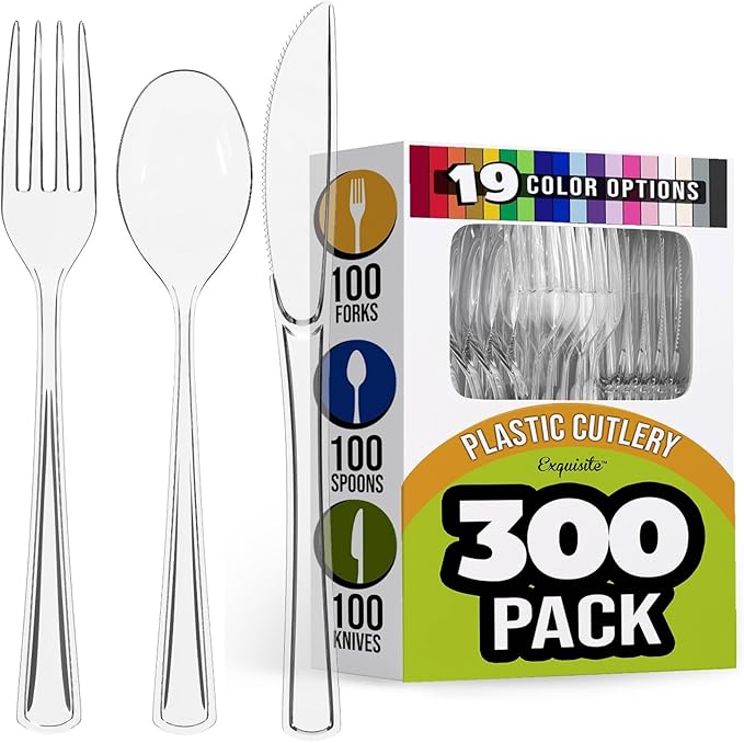 Party Solids Clear Plastic Silverware Heavy Duty 300 Pieces Clear Plastic Cutlery Sets, Utensil Sets, 100 Of Each Forks, Knives & Spoons Disposable Cutlery Set, Flatware Set For Party Supplies