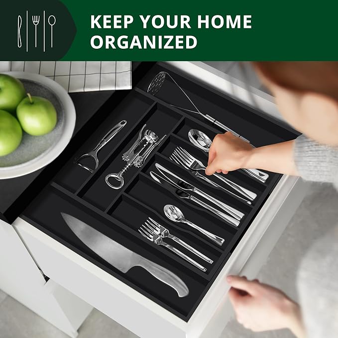 ROYAL CRAFT WOOD Luxury Bamboo Kitchen Drawer Organizer - Silverware Organizer - Utensil Holder and Cutlery Tray with Grooved Drawer Dividers for Flatware and Kitchen Utensils (9 Slot, Black)