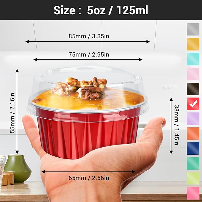 EUSOAR Cupcake Liners Aluminum with Lids, 100Pcs 5oz 125ml Aluminum Foil Muffin Liners Cups, Disposable Aluminum Foil Cupcake Baking Cups Ramekins Holders Cases Boxes Pans with Lids