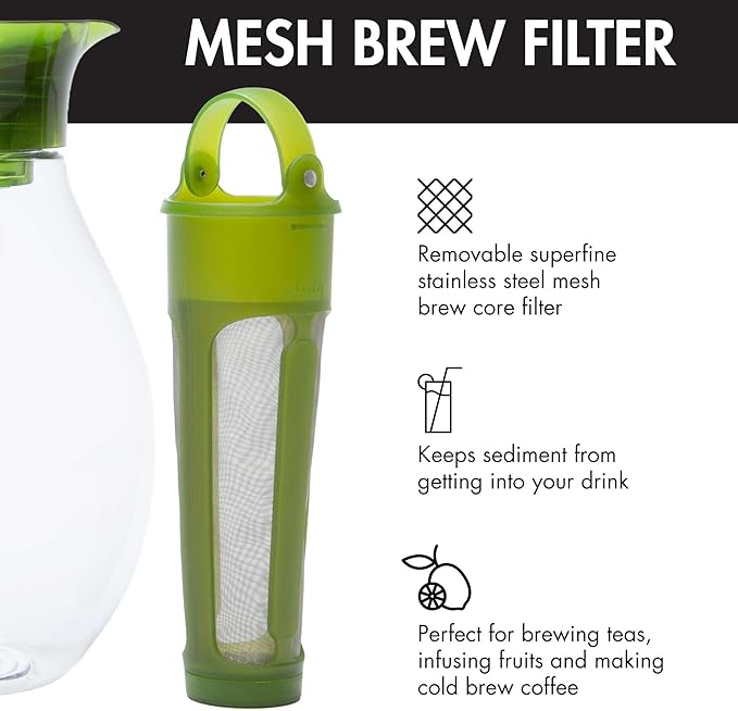 Primula The Big Iced Tea Maker and Infuser, Plastic Beverage Pitcher with Leak Proof, Airtight Lid, Fine Mesh Reusable Filter, Made without BPA, Dishwasher Safe, Green
