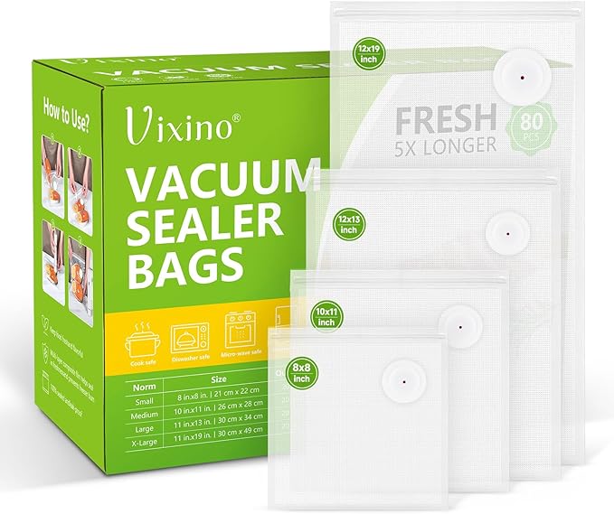Vacuum Sealer Bags, 80 Reusable Vacuum Sealer Bags for Food, BPA-Free, Meal Prep and Sous Vide Cooking,Works for Handheld Sealer and Vac Sealer Machine with External Vacuum Systems