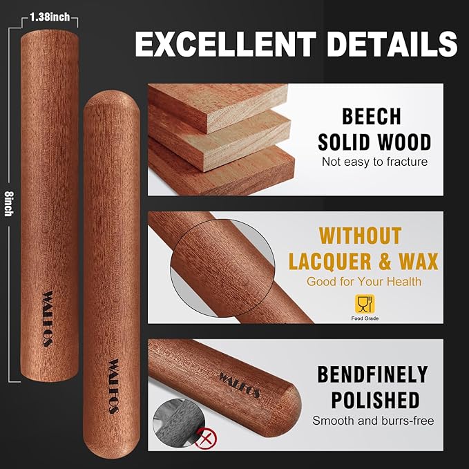 Walfos Mini Rolling Pin Set - Small Natural Wooden Rolling Pins, Baking Dough Roller for Pizza, Pie, Pasta, Bread, Pastry, No Coating (8inch)