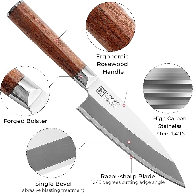 KEEMAKE Deba Knife 6.5 inches, Chef Knife Single Bevel High Carbon Stainless Steel 1.4116 Japanese Style Kitchen Knife for Fish and Meat with Rosewood Handle Chopping Knife with Gift Box