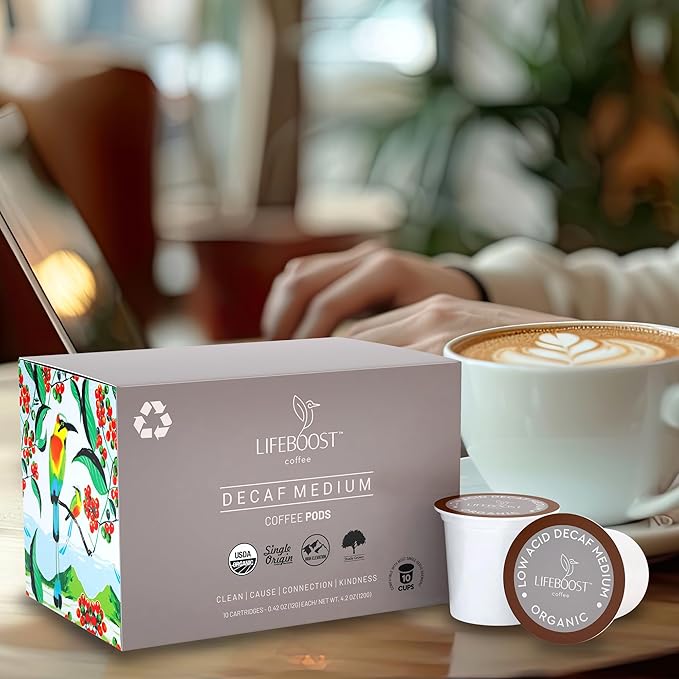 Lifeboost Organic Decaf Coffee K Cups - Low Acid Single Origin Non-GMO Mold Free Decaf Coffee Pods Compatible with Keurig & Keurig 2 - No Mycotoxins or Pesticides - 10 Count