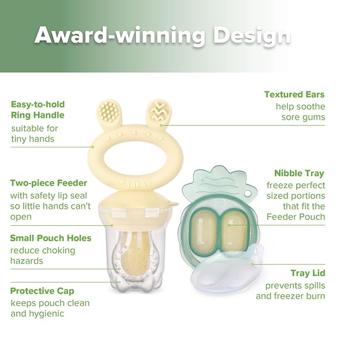 Haakaa Baby Fruit Food Feeder & Mini Freezer Nibble Tray Combo, Breastmilk Popsicle Molds for Baby Cooling Relief, BPA Free Silicone Feeder for Safe Infant Self Feeding, 4 Month+ (Oat)