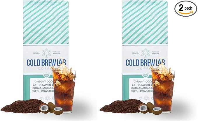 Cold Brew Organic Coarse Ground Flavored Coffee, Coconut Flavor, Dark Roast, Colombian Supremo, Coarse Grind for Cold Brew Coffee & French Press,1 LB (Pack of 2)