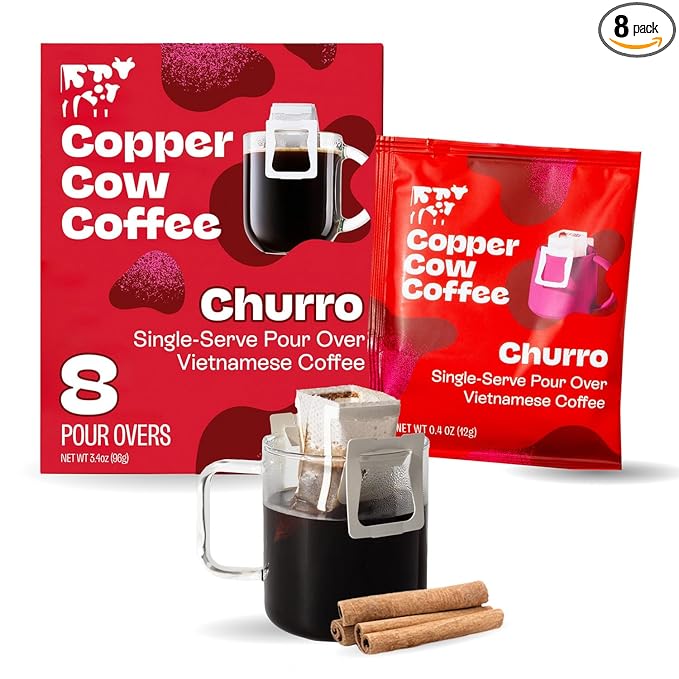 Copper Cow Coffee Premium Pour Over Single-Serve Vietnamese Coffee Pouches (8 pack) | Churro | Dark Roast | Flavored with Real Cinnamon | Convenient Vietnamese Ground Coffee Packets, Travel Friendly