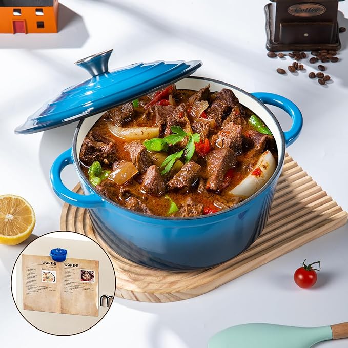 Enameled Cast Iron Dutch Oven Pot with Lid Heavy-Duty Cookware for Bread Baking, Braising, Stews, Roasting,4QT，blue