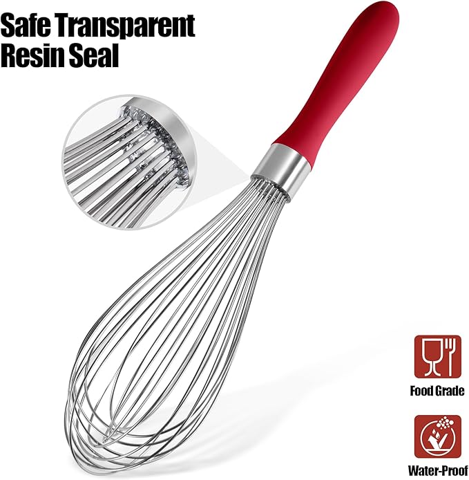 18/8 Stainless Steel Balloon Whisk, Doosu Kitchen Whisk for Cooking Handheld Egg Beater with Rust-Proof Sturdy Wires & Non-Slip Silicone Handle for Beating, Stirring, Blending (12 Wires, Red)