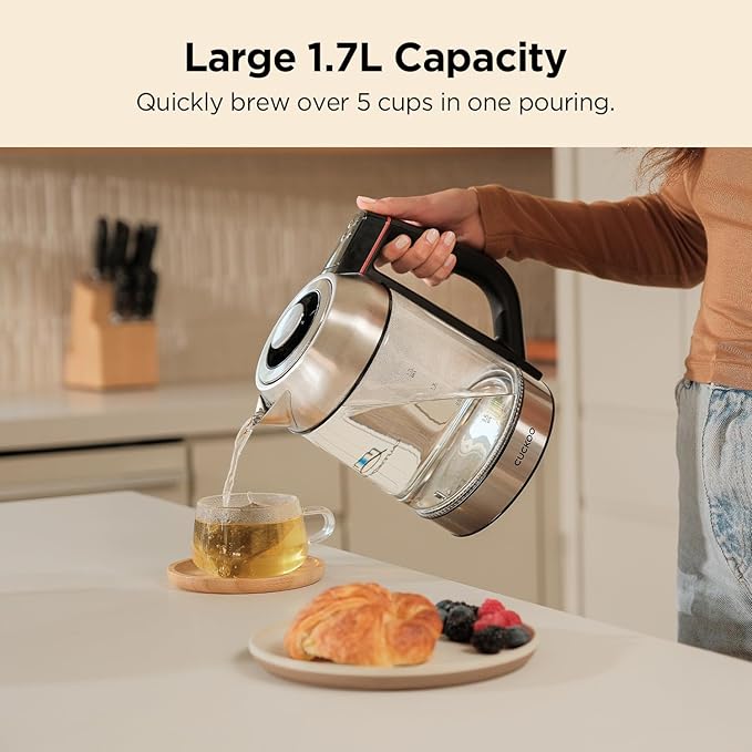 CUCKOO Electric Tea Kettle with Infuser, Glass Electric Kettle with Multi-Temperature Control, Easy to Read LED Lights, 1.7 Liter Capacity Tea Maker Pot (CK-G170BS)