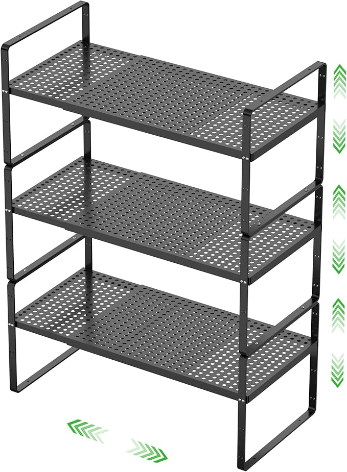 Expandable Cabinet Storage Shelf Stackable Organizer Rack for Kitchen Bathroom Pantry Spice Cupboard Coffee Countertop Home Office Desk Heavy Duty Nonslip Black Large 3 Packs