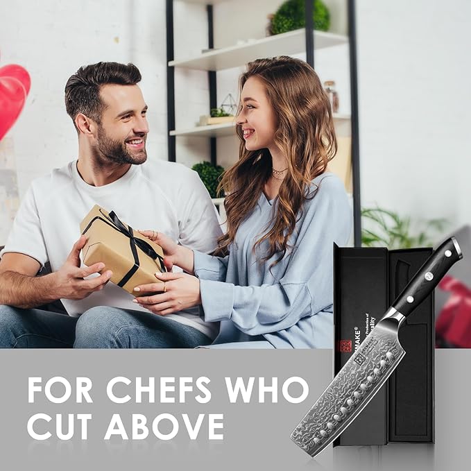 KEEMAKE Nakiri Knife 7in Ultra Sharp Meat Cleaver and Vegetable Chopper, Damascus Kitchen Knives with Full Tang G10 Ergonomic Handle, Japanese Knife for Kitchen