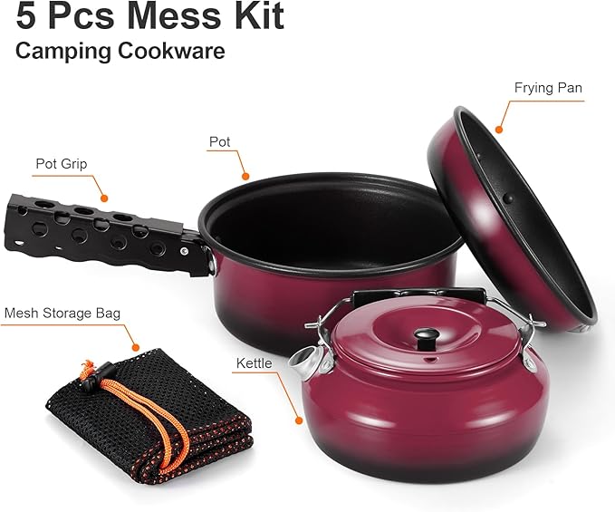 Odoland 5pcs Camping Cookware Non-Stick Camping Pot and Pan Set with Kettle and Removable Handle for Hiking Backpacking and Picnic