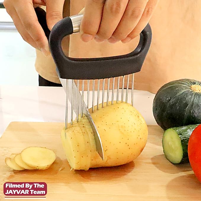 JAYVAR Large Onion Holder for Slicing, Large Onion Cutter Vegetable Chopper, Stainless Steel Tomato Slicer for Potato Lemon, Practical Meat Tenderizer Tool, Kitchen Food Slicer Guide for Neat Slicing