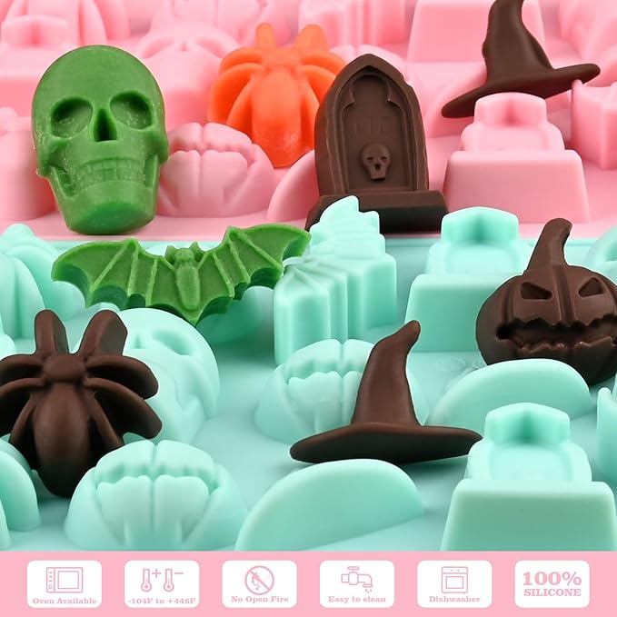 Actvty Halloween Chocolate Silicone Mold, 4 Packs Candy Gummy Molds of 18 Cavity with Skull Pumpkin Ghost Witch Hat Bat Spider Tombstone Shapes for Baking Chocolate Gummy Jelly Dessert
