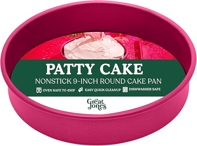 Great Jones Patty Cake (Raspberry)| Nonstick 9-Inch Round Cake Pan | Heavy-Duty Aluminized Steel | Easy Release Coating | Oven-Safe Up to 450°F | Even Heat Distribution | Dishwasher-Friendly