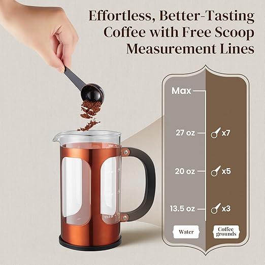 Veken French Press Coffee Maker 34oz 1 L, No Plastic Touching Cafe, Heat Resistant Thickened Borosilicate Glass, Stainless Steel Brewer, Cold Brew Cafetera Teapot for Kitchen Travel Camping, Copper