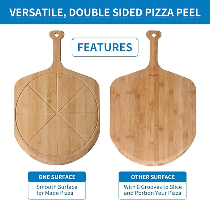 16' Bamboo Pizza Peel - Lightweight Smooth Wooden Paddle and Pizza Cutting Board with 8 Slice Grooves, Outdoor Oven Accessories, 23.6 x 16 Inch