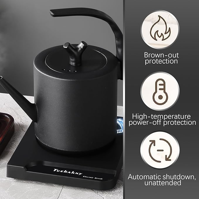 1.0L Gooseneck Electric Kettle - 304 Stainless Steel, 800W Fast Boiling with Auto Shut-Off, Precision Pour Over Kettle for Coffee & Tea, BPA-Free Matte Black Design, For Kitchen, Home, Office