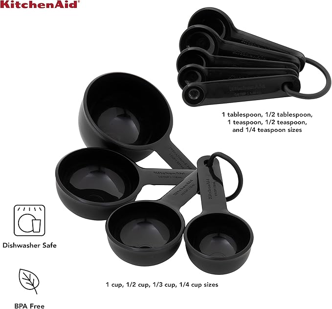 KitchenAid Universal Easy To Read Measuring Cup and Spoon Set with Soft Grip Handle for Maximum Control, Hang Hole and Nesting For Easy Storage, Dishwasher Safe, 9 Piece, Black
