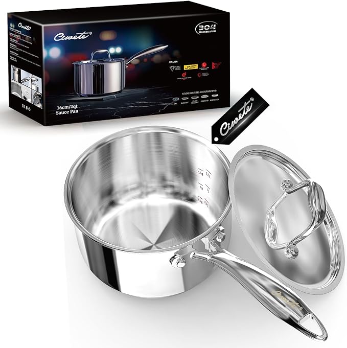 2 Quart Sauce Pan with Lid, Tri Ply Stainless Steel Saucepan 2 Qt with Stainless Steel Lid, 2 Measuring Lines, Upgraded Packaging, Cool Ergonomic Handle, Dishwasher & Oven Safe