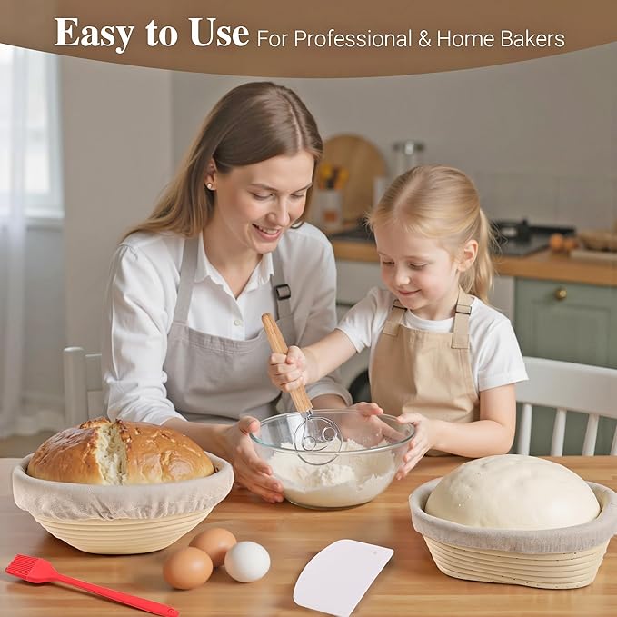 Sourdough Bread Proofing Basket Kit, 9" Round and 10" Oval Banneton Basket with Liners & Covers, Bread Baking Supplies with Bread Lame, Dough Whisk, Brush, Bowl Scraper