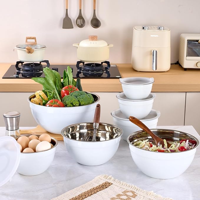 White Mixing Bowls with Lids Set of 7, Stainless Steel Nesting Bowl with Khaki Lid for Non-slip Mixing Prepping Storing Serving, 7 Sizes-7/3.6/2.7/2.1/1.5/1/0.8 QT