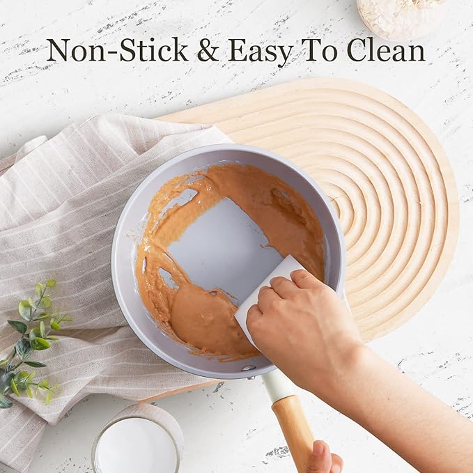 ROCKURWOK Ceramic Nonstick Sauce Pan, 3 QT Pot with Steamer, Non Toxic & PFAS-Free, Wooden Handle for Cool Touch, Universal Base(Gas, Electric & Induction), White