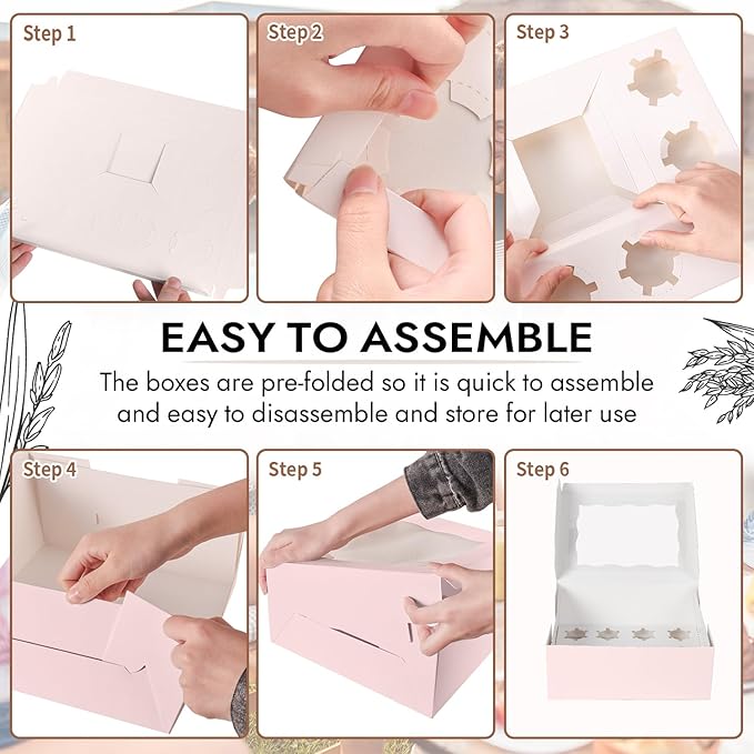 JCD 8 Packs Pink Bento Cake and Cupcake Box 1+8 Bento Box with Clear Window for 4-inch Cake and 8 Cupcakes Packaging Gift Baked Goods for Family Dinner Birthday Party Picnic Gift (Pink 1+8/8Pcs)