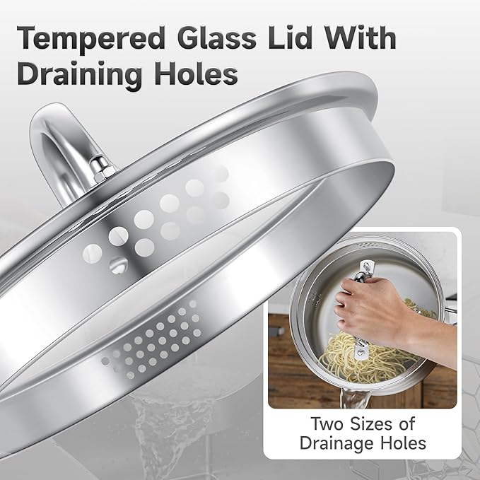 2.5 Quart Stainless Steel Saucepan with Steamer Basket, Tri-ply Full Body, Multipurpose Sauce Pot with Two-Size Drainage Holes Lid, Perfect For Boiling Gravies, Pasta, Noodles